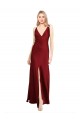Best Floor Length Deep V-Back Formal Stretch Satin Bridesmaid Dress / Prom Dress with Front Slit UK