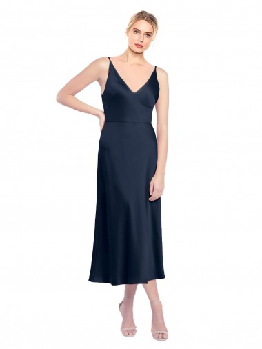 Best V-Neck Midi Length Short Cocktail Formal Stretch Satin Bridesmaid Dress / Prom Dress V-Back UK