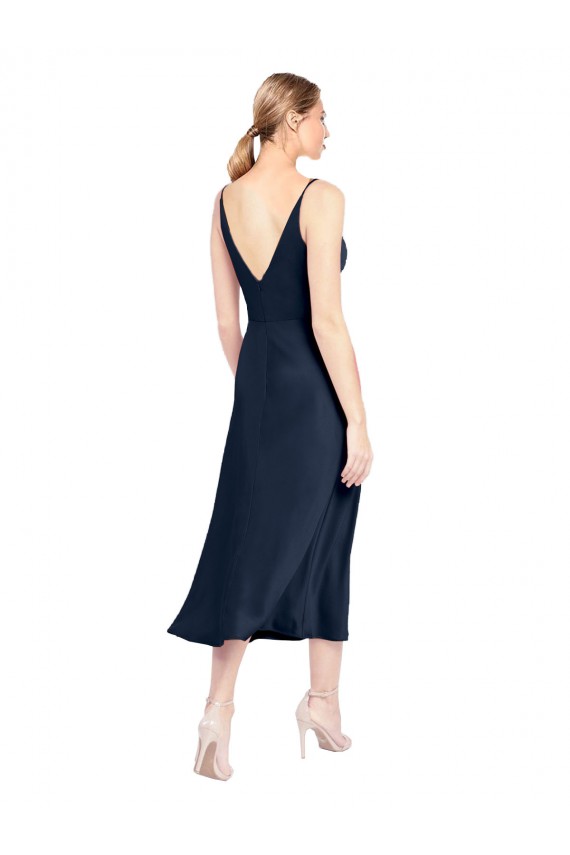 Best V-Neck Midi Length Short Cocktail Formal Stretch Satin Bridesmaid Dress / Prom Dress V-Back UK