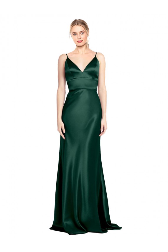 Best High V-Neck Long Full Length Sheath Formal Stretch Satin Bridesmaid Dress / Prom Dress UK