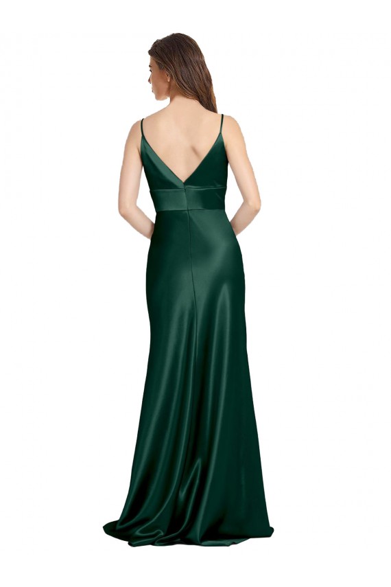 Best High V-Neck Long Full Length Sheath Formal Stretch Satin Bridesmaid Dress / Prom Dress UK