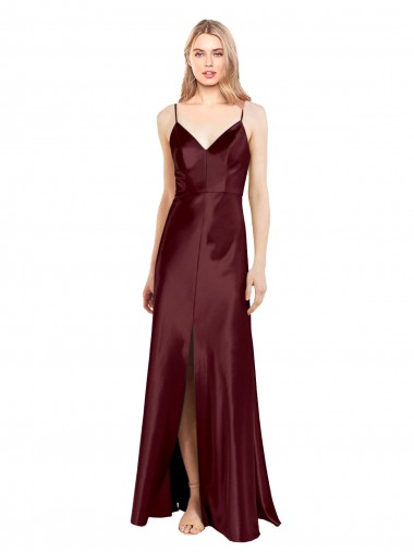 Best Sleek Spaghetti Straps V-Neck Formal Stretch Satin Bridesmaid Dress / Prom Dress with Center Front Slit UK