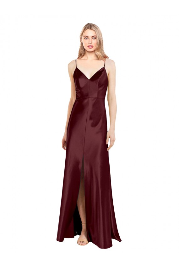 Best Sleek Spaghetti Straps V-Neck Formal Stretch Satin Bridesmaid Dress / Prom Dress with Center Front Slit UK
