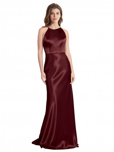 Best High Neck Halter Long Sleeveless Formal Stretch Satin Bridesmaid Dress / Prom Dress with Strappy Back UK