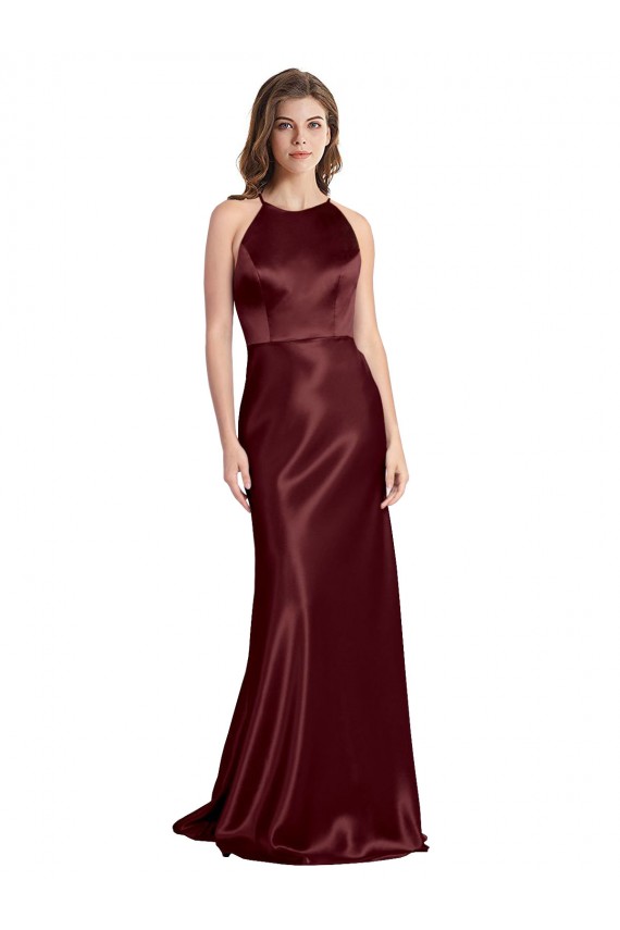 Best High Neck Halter Long Sleeveless Formal Stretch Satin Bridesmaid Dress / Prom Dress with Strappy Back UK