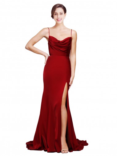 Best Cowl Front Neck Sweep Train Formal Stretch Satin Bridesmaid Dress / Prom Dress with High Side Split UK
