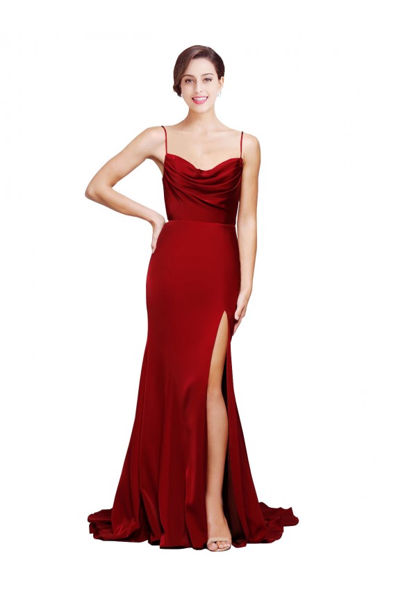 Best Cowl Front Neck Sweep Train Formal Stretch Satin Bridesmaid Dress / Prom Dress with High Side Split UK