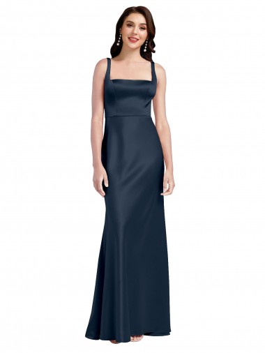 Best Square Neck A-Line Long Formal Stretch Satin Bridesmaid Dress / Prom Dress with Wide Straps UK