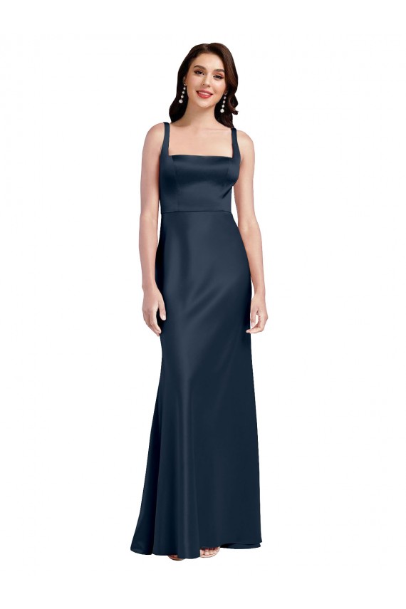 Best Square Neck A-Line Long Formal Stretch Satin Bridesmaid Dress / Prom Dress with Wide Straps UK