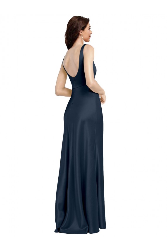 Best Square Neck A-Line Long Formal Stretch Satin Bridesmaid Dress / Prom Dress with Wide Straps UK