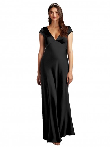 Best Plunging V-Neck Cap Cleeves Long Formal Stretch Satin Bridesmaid Dress / Prom Dress with Keyhole Back UK