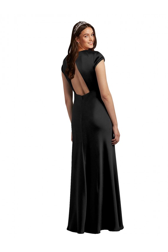 Best Plunging V-Neck Cap Cleeves Long Formal Stretch Satin Bridesmaid Dress / Prom Dress with Keyhole Back UK