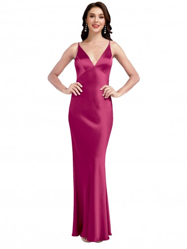 Best V-Neck Spaghetti Straps Slim Formal Stretch Satin Bridesmaid Dress / Prom Dress with Low Scoop Back UK
