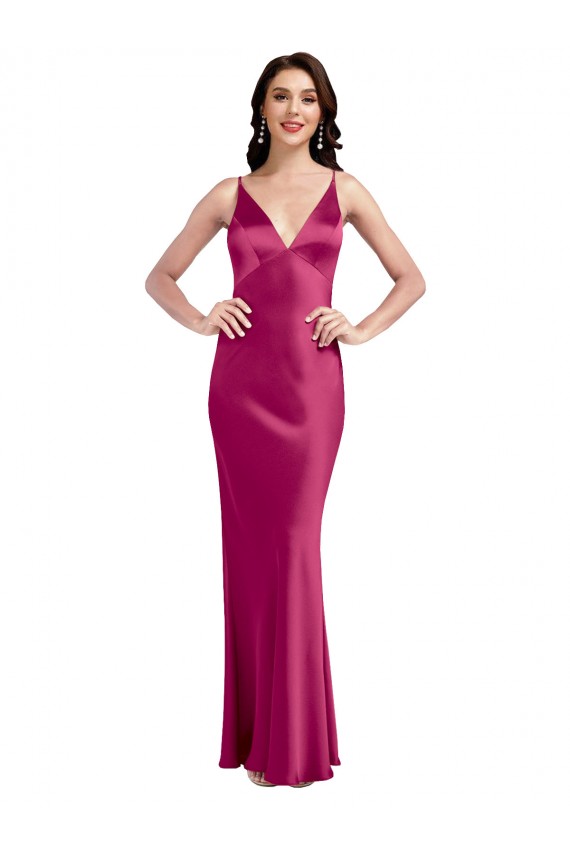 Best V-Neck Spaghetti Straps Slim Formal Stretch Satin Bridesmaid Dress / Prom Dress with Low Scoop Back UK