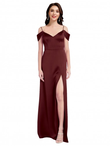 Best Draped Off the Shoulder Sleeves Slim A-Line Formal Stretch Satin Bridesmaid Dress / Prom Dress with Side Slit UK