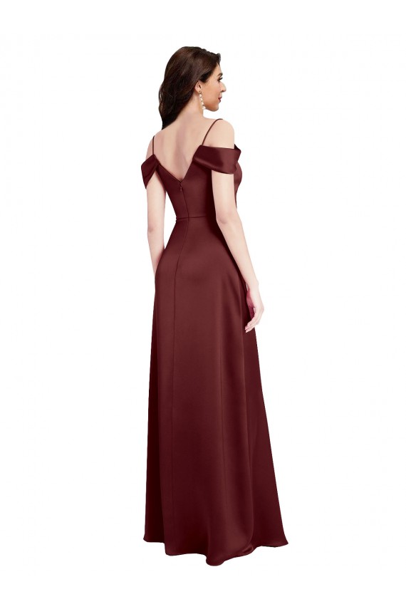 Best Draped Off the Shoulder Sleeves Slim A-Line Formal Stretch Satin Bridesmaid Dress / Prom Dress with Side Slit UK