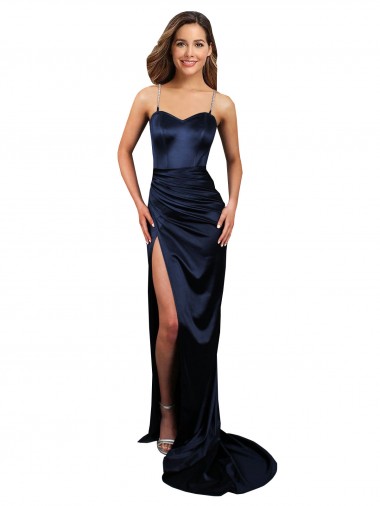 Best Pleated Sash Skirt Long Formal Stretch Satin Bridesmaid Dress / Prom Dress with High Slit UK