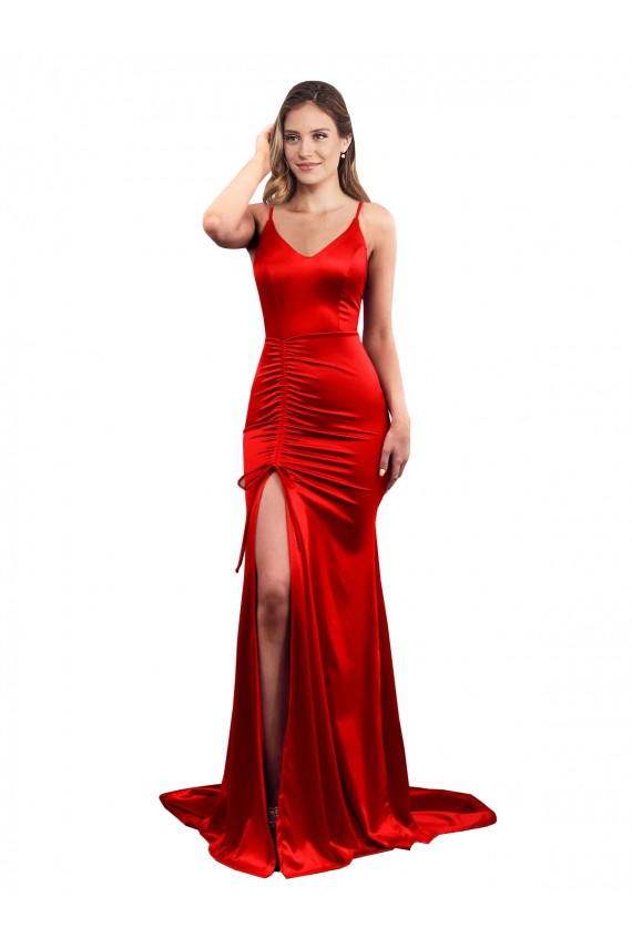 Best Long Pleated Formal Stretch Satin Bridesmaid Dress / Prom Dress with High Slit UK