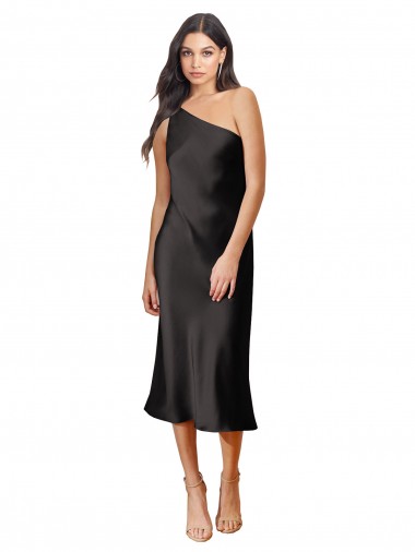 Best Sleek One Shoulder Midi Length Short Cocktail Formal Stretch Satin Slip Bridesmaid Dress / Prom Dress UK