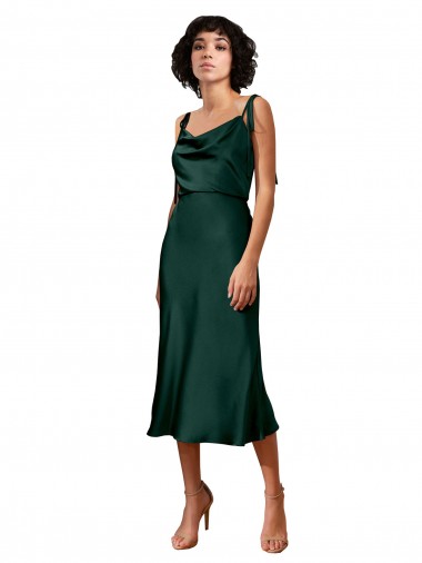 Best Spaghetti Straps Tie Shoulders Cowl Neck Short Midi Length Formal Stretch Satin Cocktail Bridesmaid Dress / Prom Dress UK