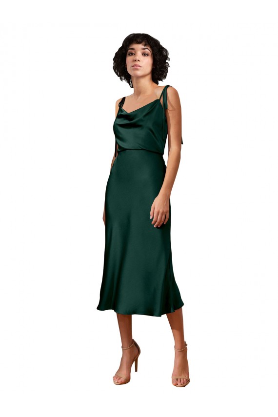 Best Spaghetti Straps Tie Shoulders Cowl Neck Short Midi Length Formal Stretch Satin Cocktail Bridesmaid Dress / Prom Dress UK
