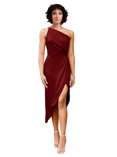 Best One Shoulder Cocktail Midi Length Short Formal Stretch Satin Wrap Style Bridesmaid Dress / Prom Dress UK
