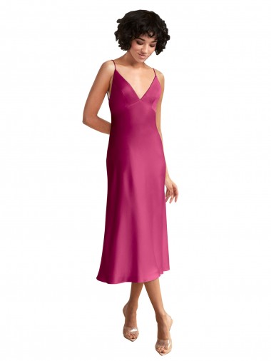 Best Midi Length V-Neck Short Formal Stretch Satin Bridesmaid Dress / Cocktail Prom Dress with Low Scoop Back UK
