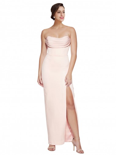 Best Cowl Neck Strapless Formal Stretch Satin Bridesmaid Dress / Prom Dress with High Split UK
