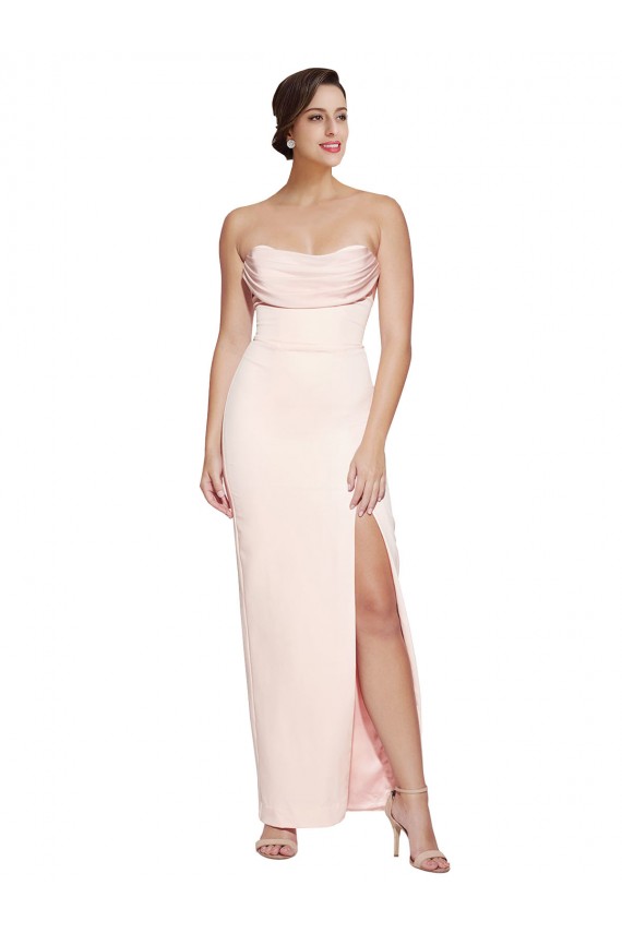 Best Cowl Neck Strapless Formal Stretch Satin Bridesmaid Dress / Prom Dress with High Split UK