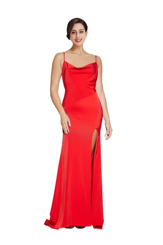 Best Low Back Cowl Neck Formal Stretch Satin Bridesmaid Dress / Prom Dress with High Side Slit UK