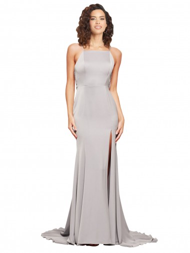 Best High Neck Low Back Long Full Length Formal Stretch Satin Bridesmaid Dress / Prom Dress UK