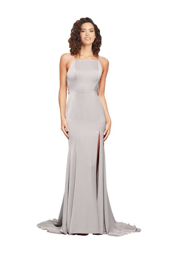 Best High Neck Low Back Long Full Length Formal Stretch Satin Bridesmaid Dress / Prom Dress UK