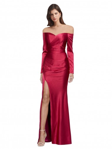 Best Long Sleeves Off the Shoulder Formal Stretch Satin Bridesmaid Dress / Prom Dress with High Side Split UK