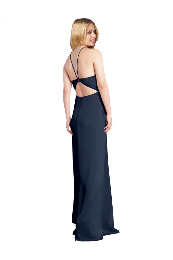 Best Halter Neckline Long Formal Stretch Satin Bridesmaid Dress / Prom Dress with Strappy Back and Side Slit UK