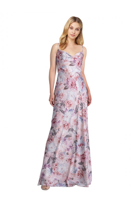 Best Draped Cowl Neck Long Printed Formal Stretch Satin Bridesmaid Dress UK