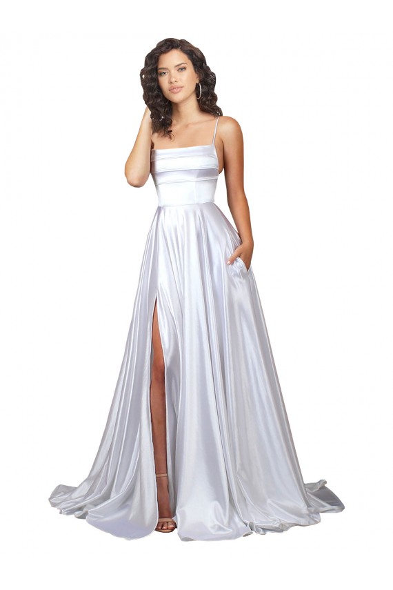Best Simple A-Line Corset Style Pleated Long Stretch Satin Beach Wedding Dress with High Slit UK