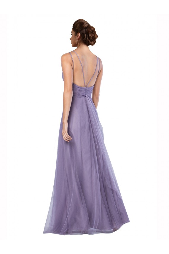 Best Flowy A-Line Tulle Bridesmaid Dress with Double Straps and V-Neck UK