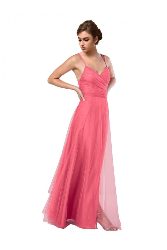 Best Flowy A-Line Tulle Bridesmaid Dress with Double Straps and V-Neck UK