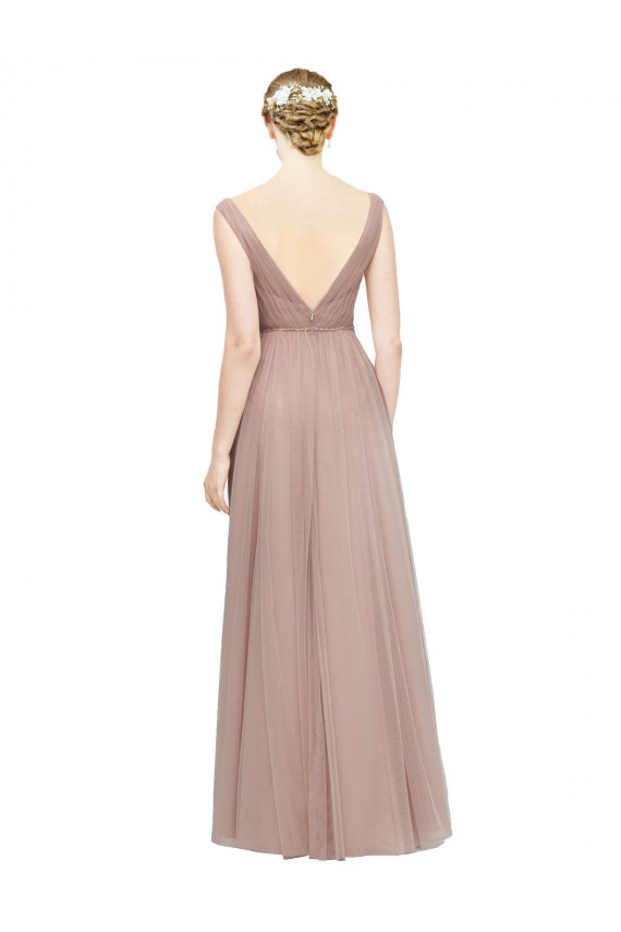 Best Full Length Draped Long V-Neck Tulle Bridesmaid Dress UK