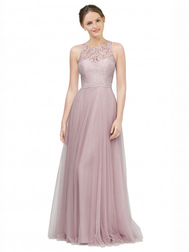 Best High Neck Long Tulle Bridesmaid Dress with Lace Bodice UK
