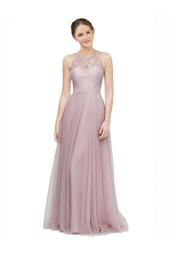 Best High Neck Long Tulle Bridesmaid Dress with Lace Bodice UK
