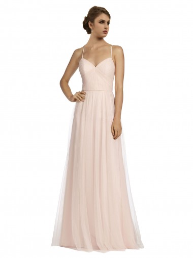 Best Long Draped Back A-Line Tulle Bridesmaid Dress with Pleated Bodice UK