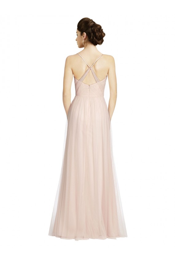 Best Long Draped Back A-Line Tulle Bridesmaid Dress with Pleated Bodice UK