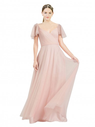 Best Long V-Neck Flutter Sleeves Tulle Bridesmaid Dress UK