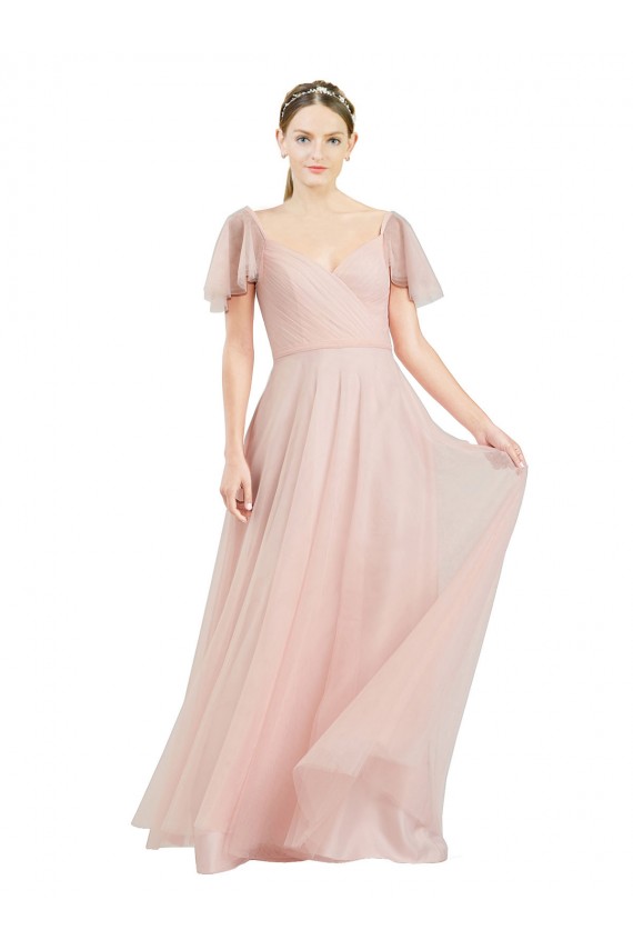 Best Long V-Neck Flutter Sleeves Tulle Bridesmaid Dress UK