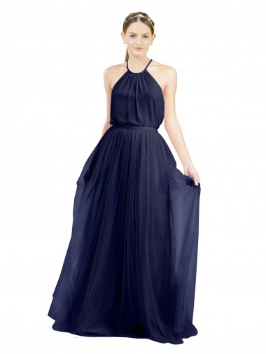 Best Long A-Line High Neck Halter Tulle Bridesmaid Dress UK