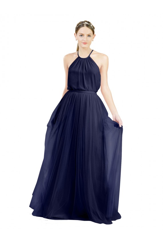 Best Long A-Line High Neck Halter Tulle Bridesmaid Dress UK