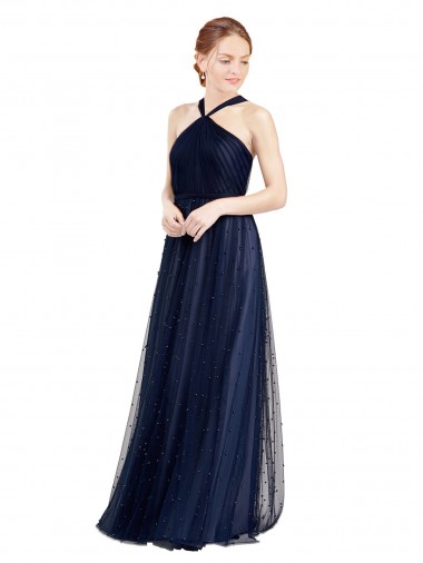 Best Floor Length Long Halter Pleated Tulle Bridesmaid Dress UK