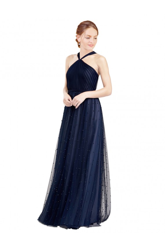 Best Floor Length Long Halter Pleated Tulle Bridesmaid Dress UK