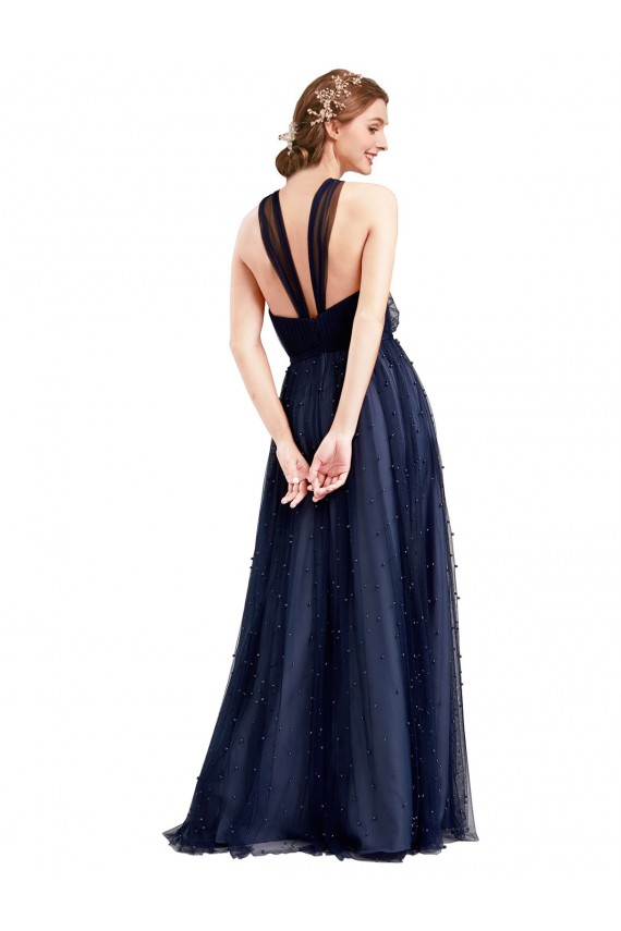 Best Floor Length Long Halter Pleated Tulle Bridesmaid Dress UK